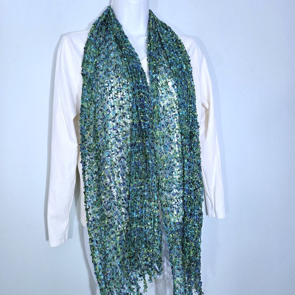 Green & Blue Lightweight Woven Scarf Wrap with Gold Accents